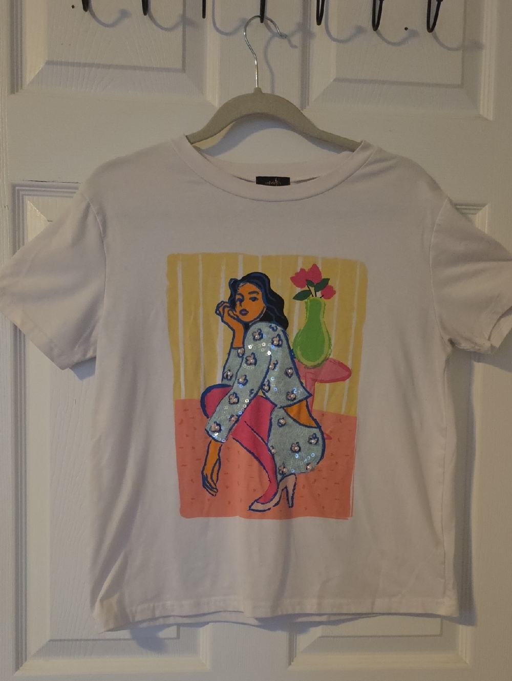 White Graphic Tee with Colorful Lady Illustration
